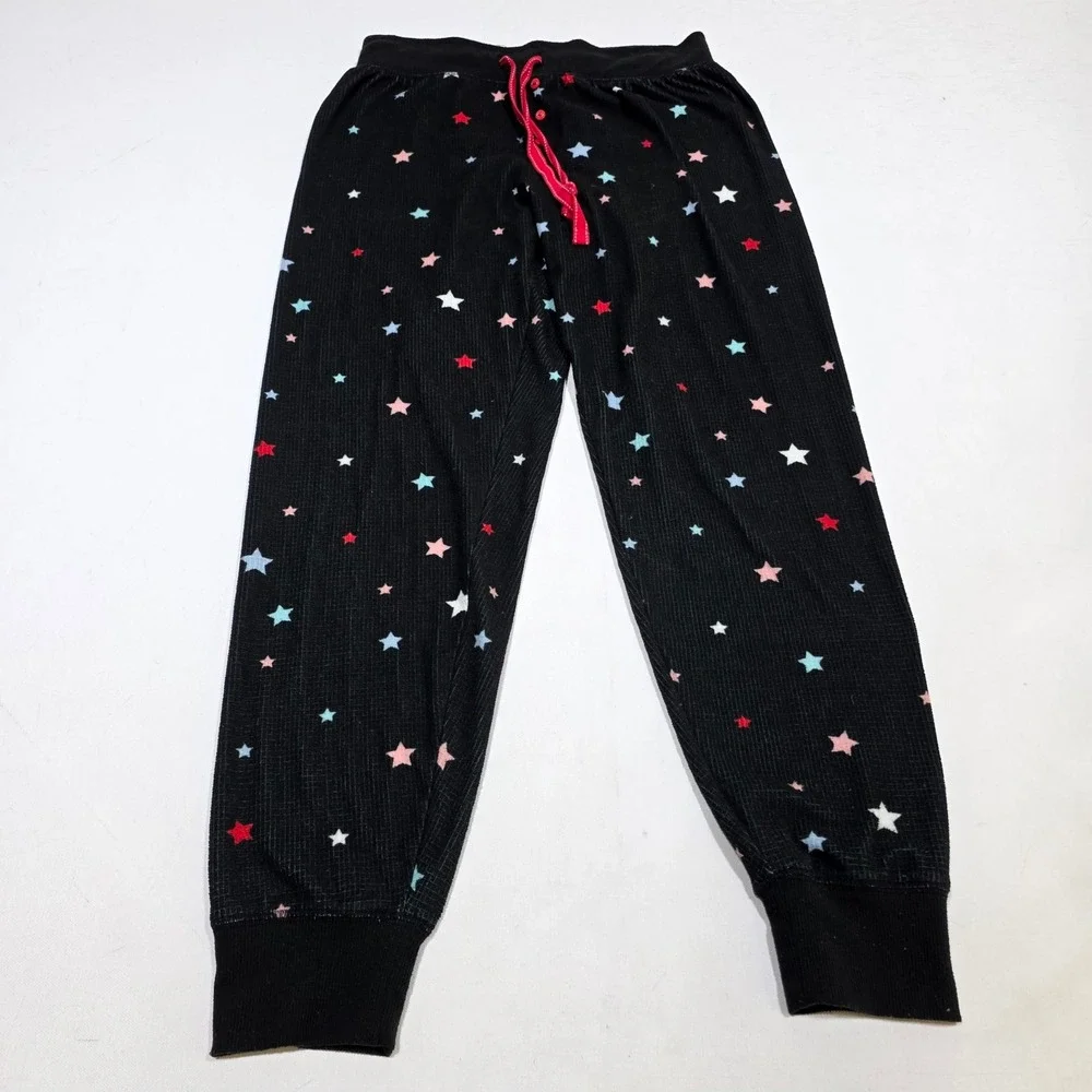 P.J. Salvage Pajama Set Women Sm Black Star Print Waffle Knit Loungewear Jogger